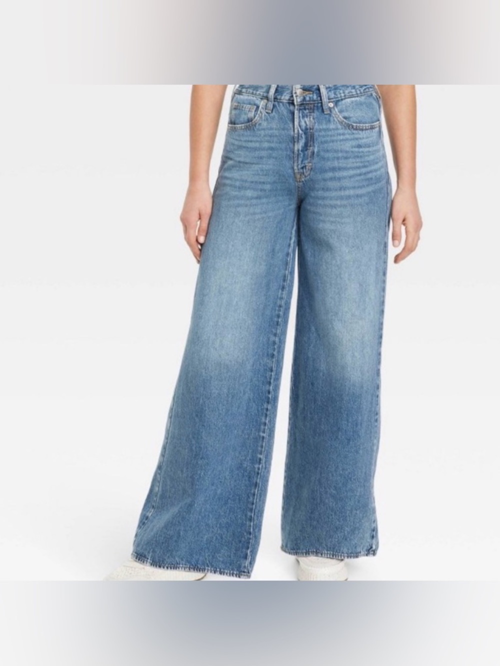 NWT Super Wide Leg Mid-Rise Blue Denim Jeans 100% Cotton No Stretch Button Fly - Picture 3 of 11